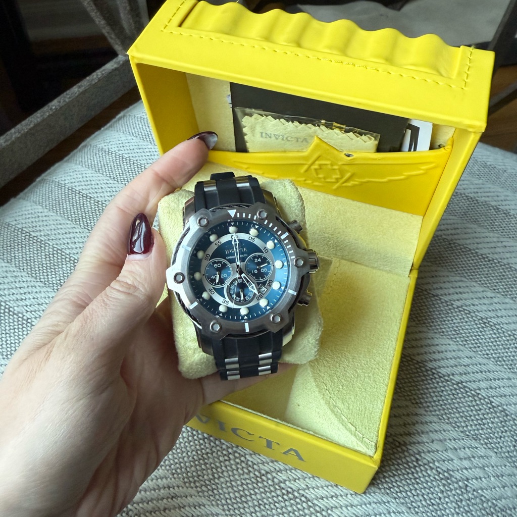 Invicta Silver And Black Watch With Blue Dial